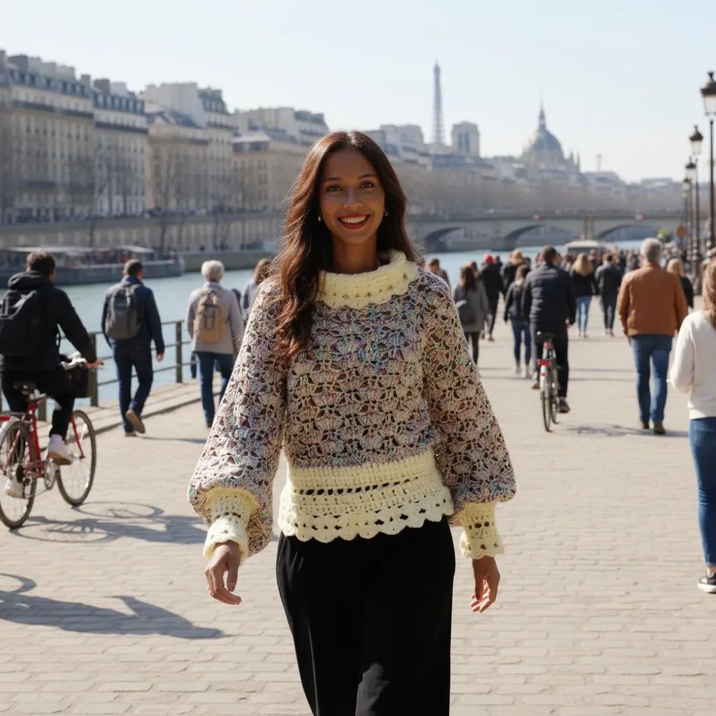 Pull au crochet Unico de Cachalabibi - vue de face d'une femme sur les quais de Seine à Paris avec péniches et ponts