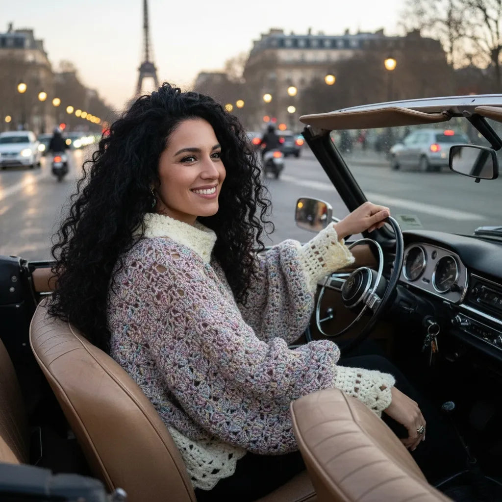 Pull au crochet Unico de Cachalabibi - vue de profil au volant d'une voiture décapotable dans les rues de Paris