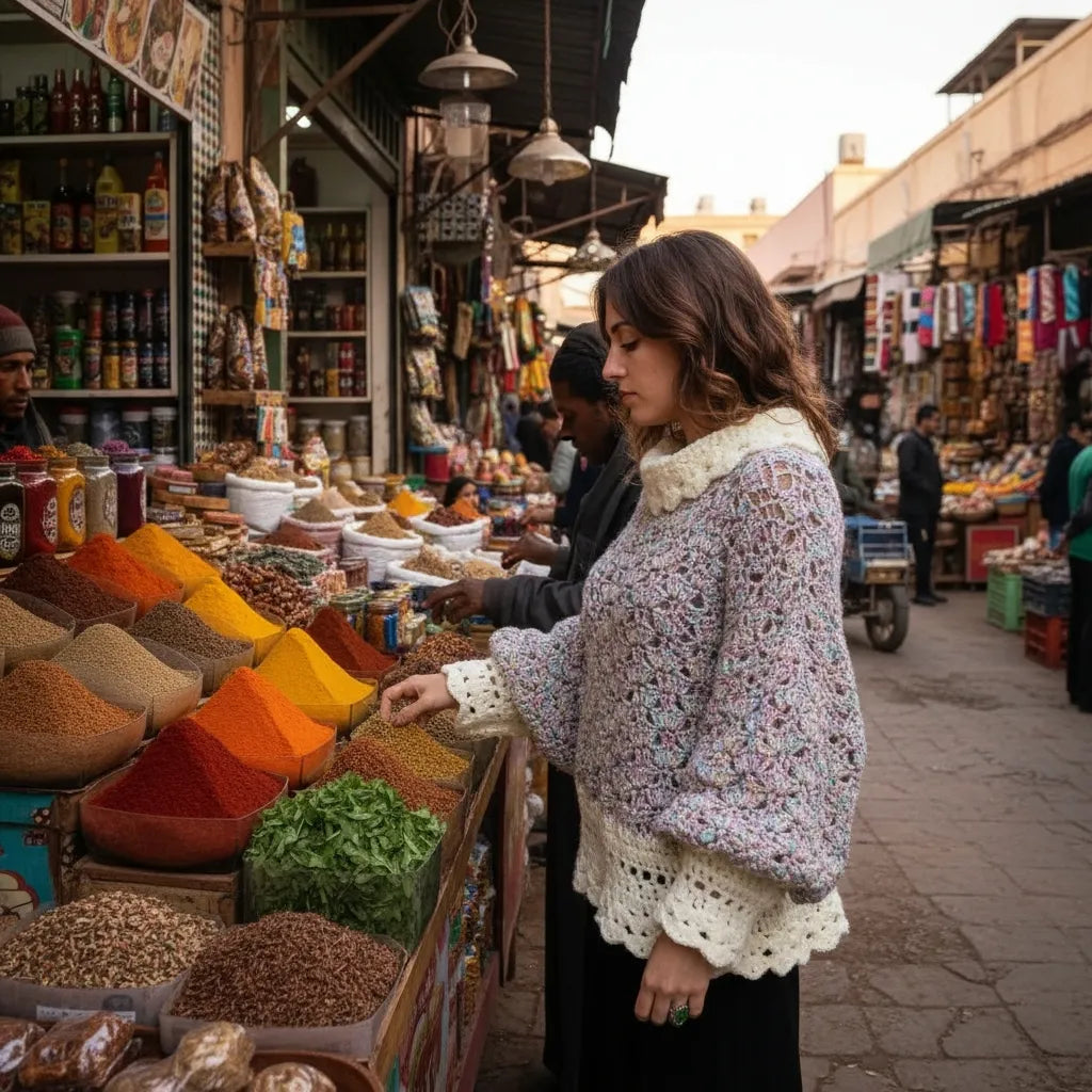 Pull au crochet Unico de Cachalabibi - vue de profil au marché aux épices de Marrakech avec épices colorées