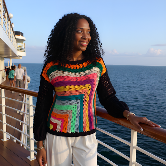 Pull au crochet Vasarello de Cachalabibi -porté par une jeune femme sur le pont d'un bateau