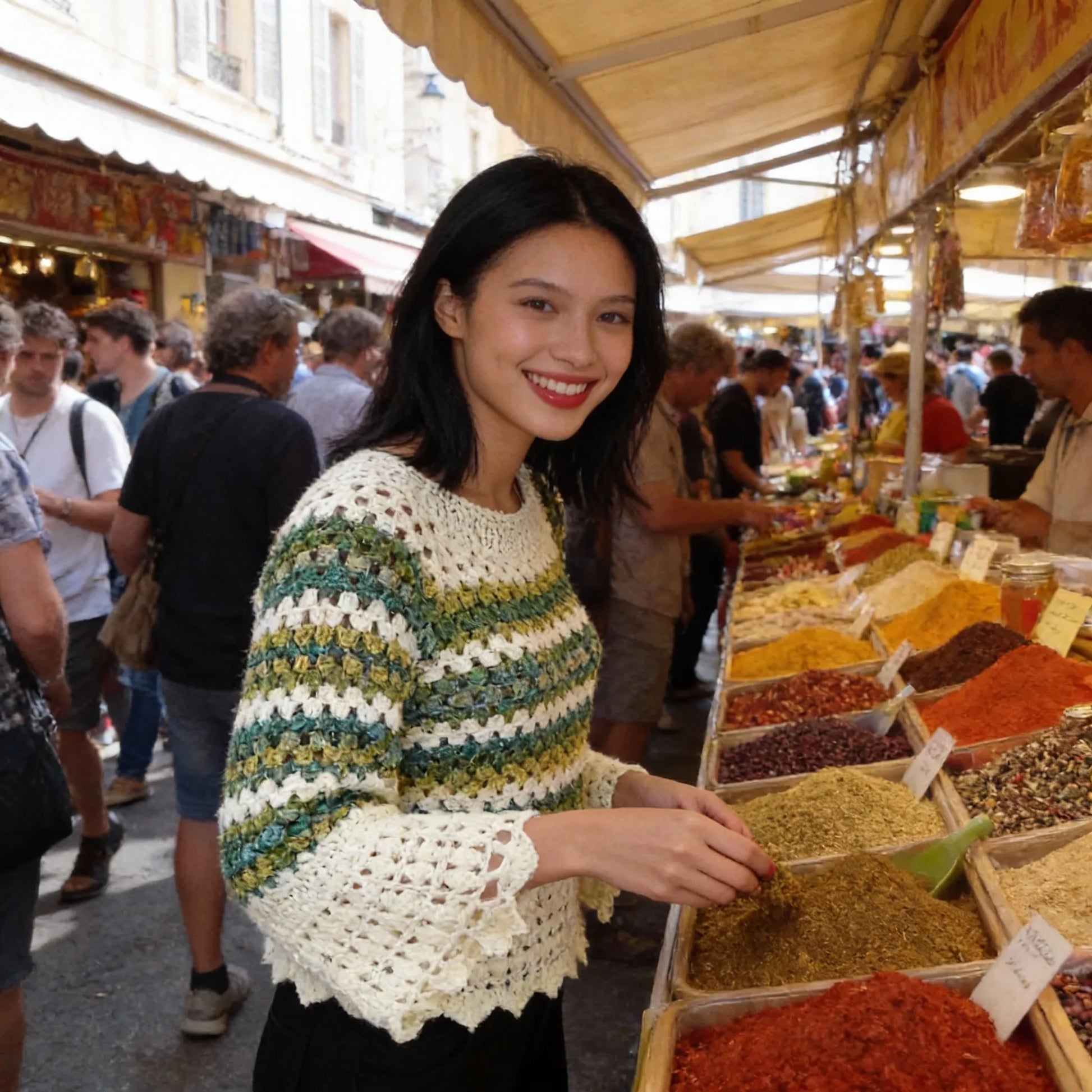 Pull au crochet Verduro de Cachalabibi -vue de face au marché provençal avec étals d'épices colorées et bocaux de miel