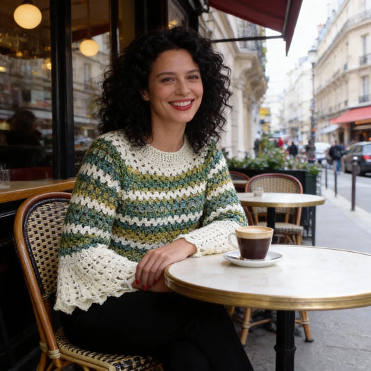 Pull au crochet Verduro de Cachalabibi -vue de face d'une jeune femme à la terrasse d'un café