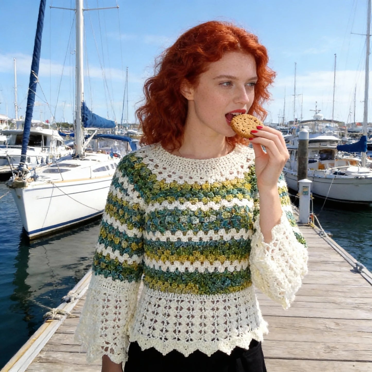 Pull au crochet Verduro de Cachalabibi - vue de face à la marina avec voiliers et bateaux mangeant un biscuit