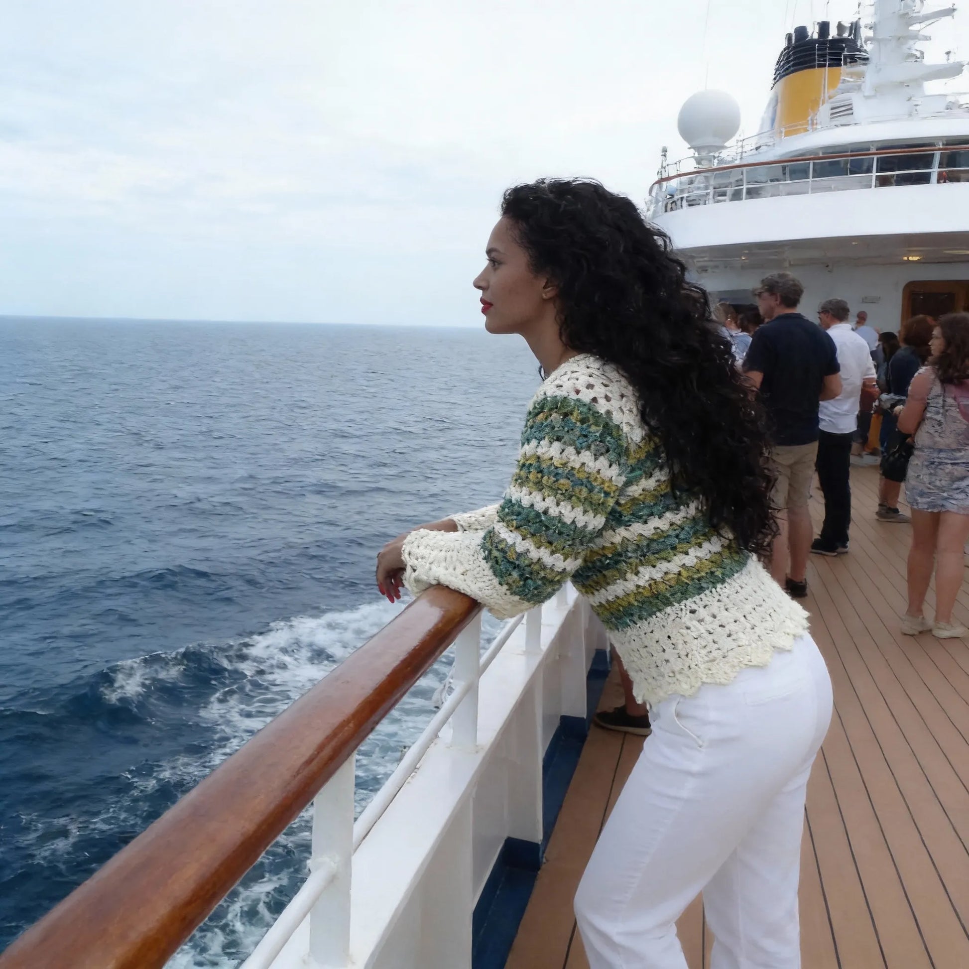 Pull au crochet Verduro de Cachalabibi -vue de profil d'une jeune femme sur le pont d'un bateau