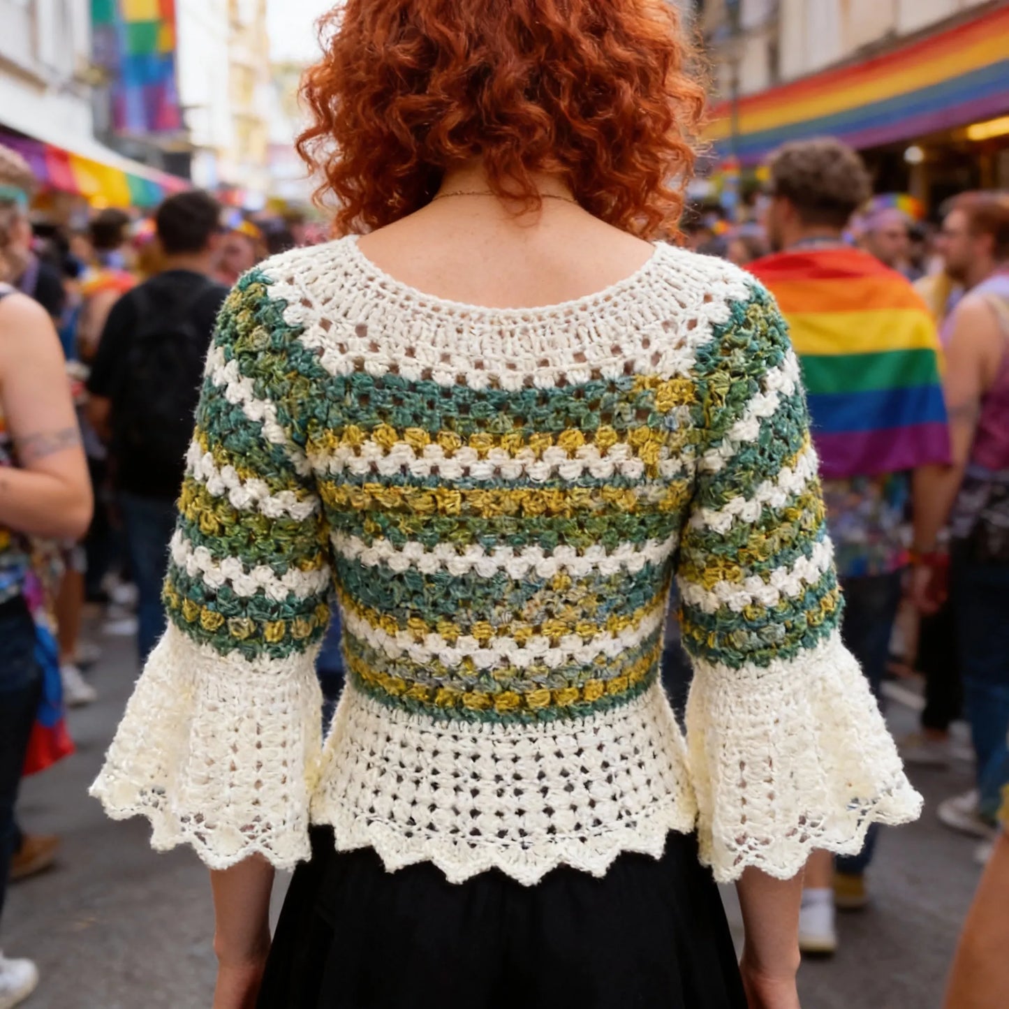 Pull au crochet Verduro de Cachalabibi -vue de dos sur l'empiècement rayé horizontal vert avec nuances vert foncé vert anis écru