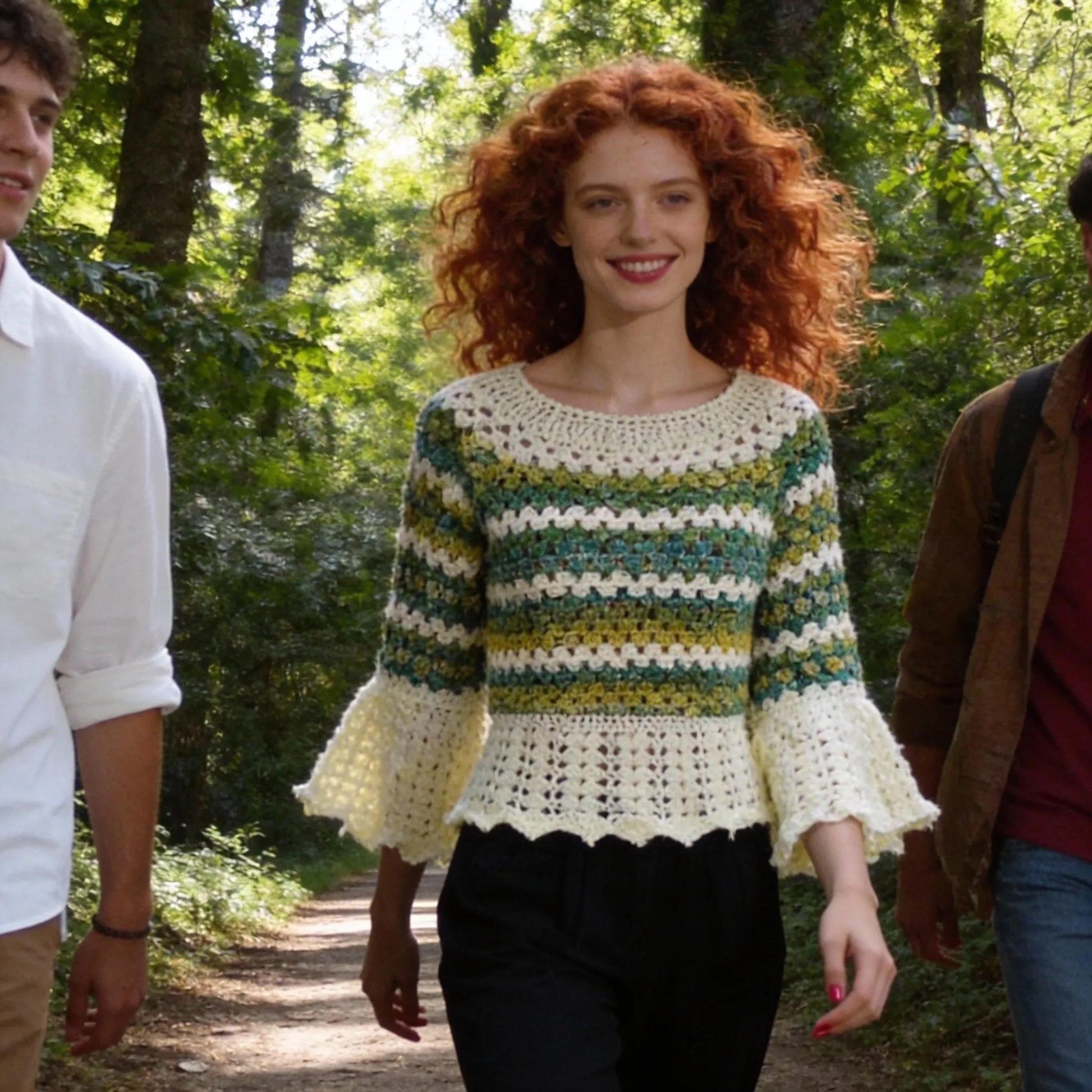 Pull au crochet Verduro de Cachalabibi -vue de face en forêt verdoyante avec sentier et fougères en groupe d'amis