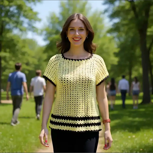 Pull au crochet Sunshine de Cachalabibi - Vue de dos en forêt, travail artisanal français