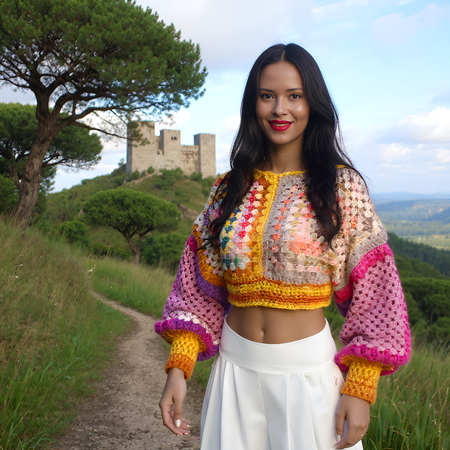 Pull au crochet Dorsoduro de Cachalabibi  - Détail du travail au crochet et de la palette de couleurs vibrantes