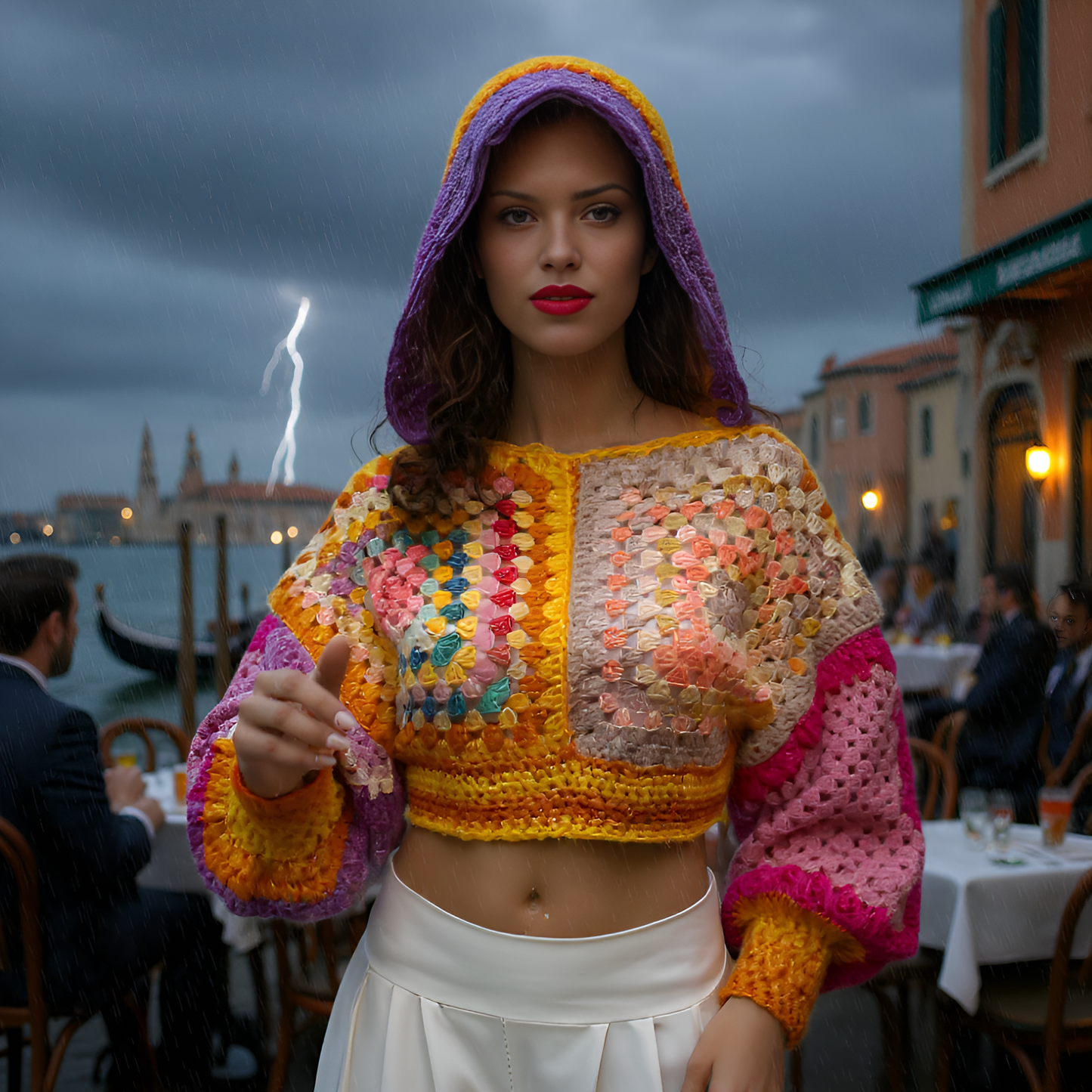 Pull au crochet Dorsoduro de Cachalabibi - Vue à Venise avec campanile, pièce unique multicolore en mohair