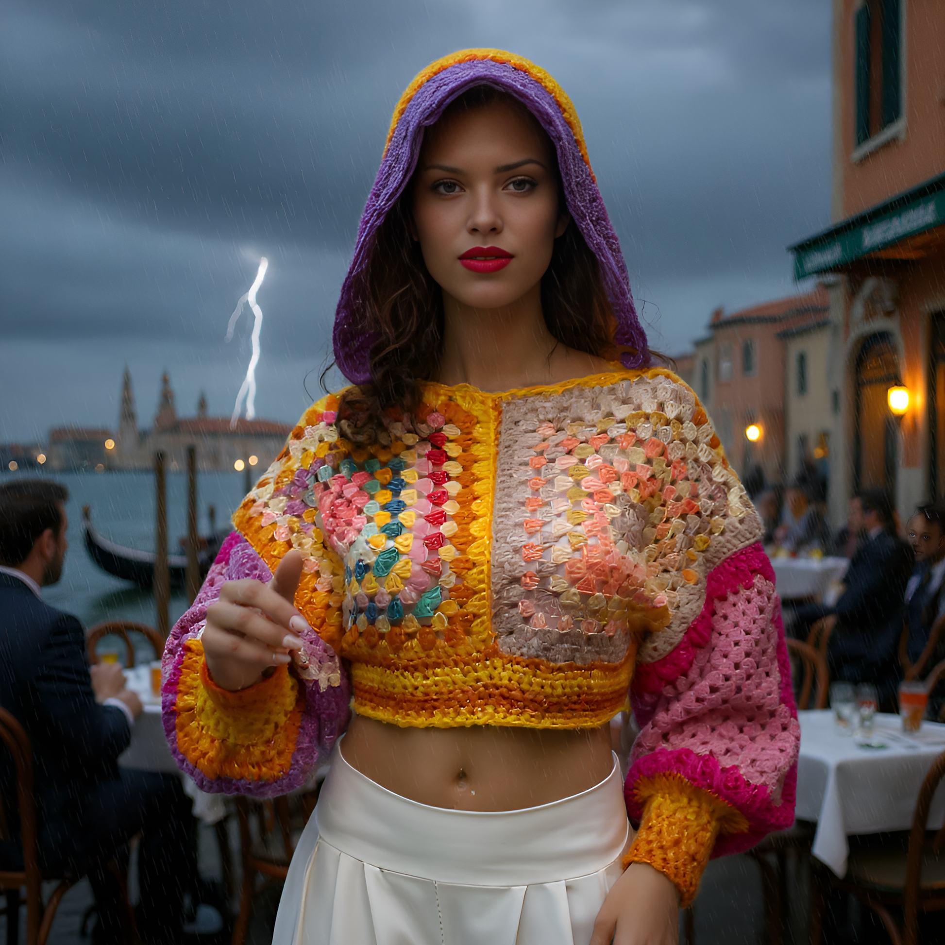 Pull au crochet Dorsoduro de Cachalabibi - Vue à Venise avec campanile, pièce unique multicolore en mohair