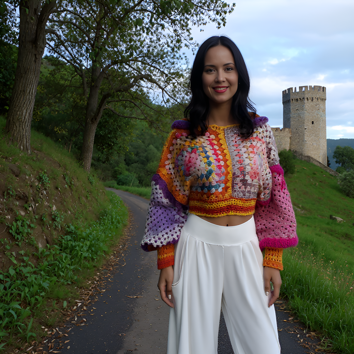 Pull au crochet Dorsoduro de Cachalabibi  - Vue devant château, taille  38/42, mohair artisanal