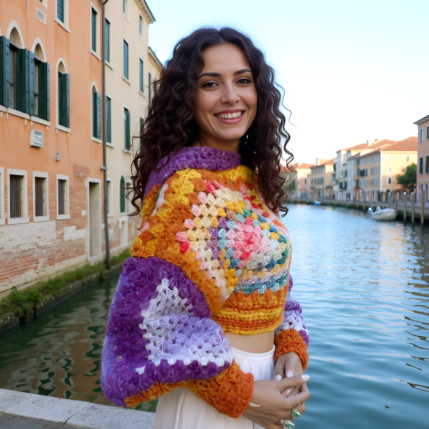 Pull au crochet Dorsoduro de Cachalabibi  - Vue complète mettant en valeur le style bohème et les manches colorées