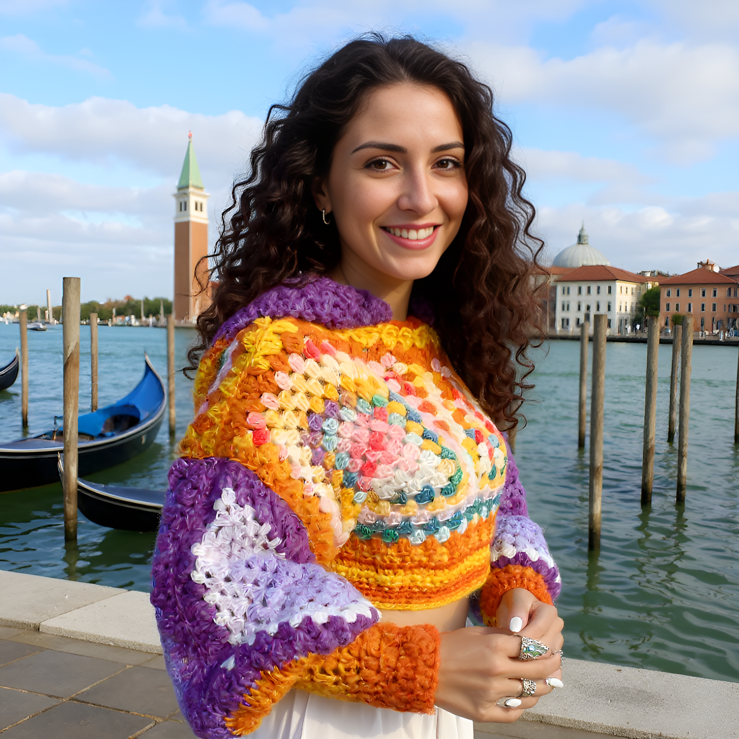 Pull au crochet Dorsoduro de Cachalabibi  - Vue de face à Venise avec gondoles, mailles ajourées colorées