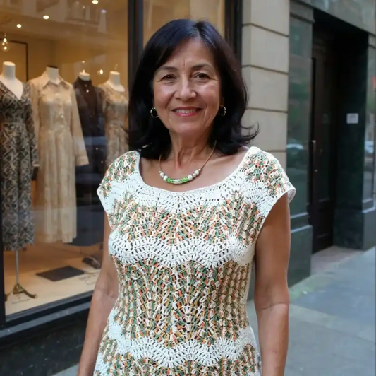 Pull au crochet Azeitona de Cachalabibi - Vue de face devant vitrine, pièce blanche avec motifs colorés beige vert rose