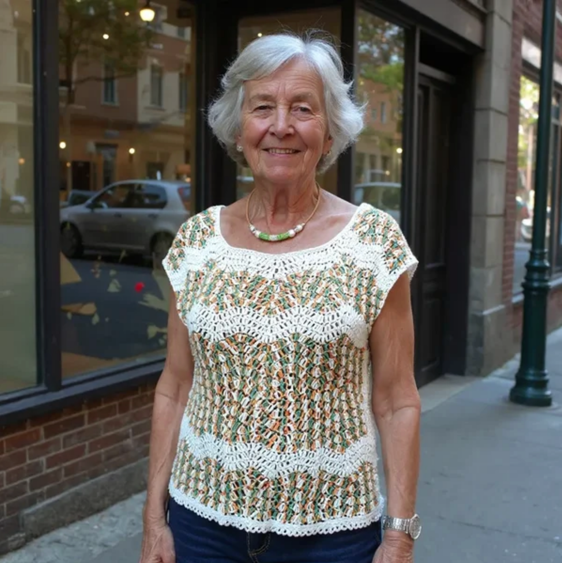Pull au crochet Azeitona de Cachalabibi -devant vitrine, bandes ajourées blanches et motifs délicats