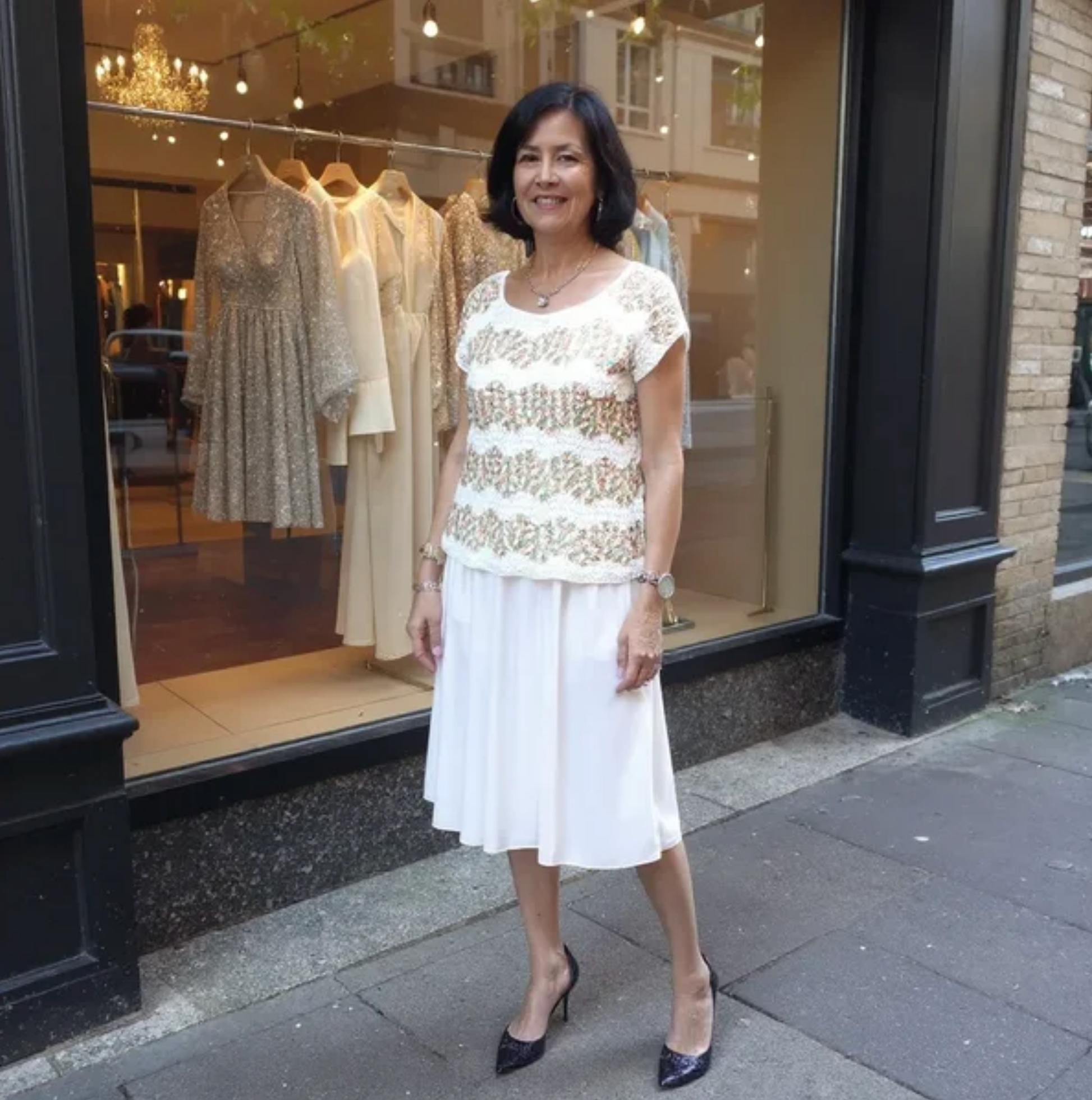 Pull au crochet Azeitona de Cachalabibi - Vue de face devant boutique avec jupe blanche