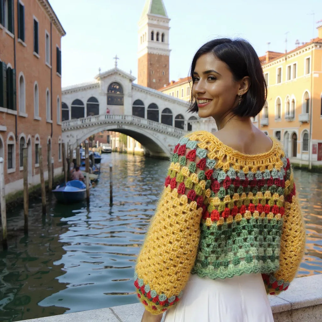 Pull au crochet Barcarola de Cachalabibi - vue de dos devant le pont du Rialto à Venise