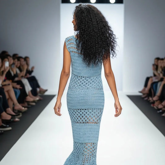 Robe au crochet fait main Abitobella de Cachalabibi - bleu ciel - vue de dos sur un podium de défilé de mode avec public et projecteurs