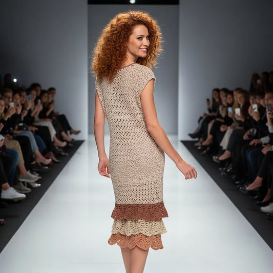 Robe au crochet fait main Cioccolato de Cachalabibi - beige -vue de dos sur un podium de défilé de mode avec public et projecteurs