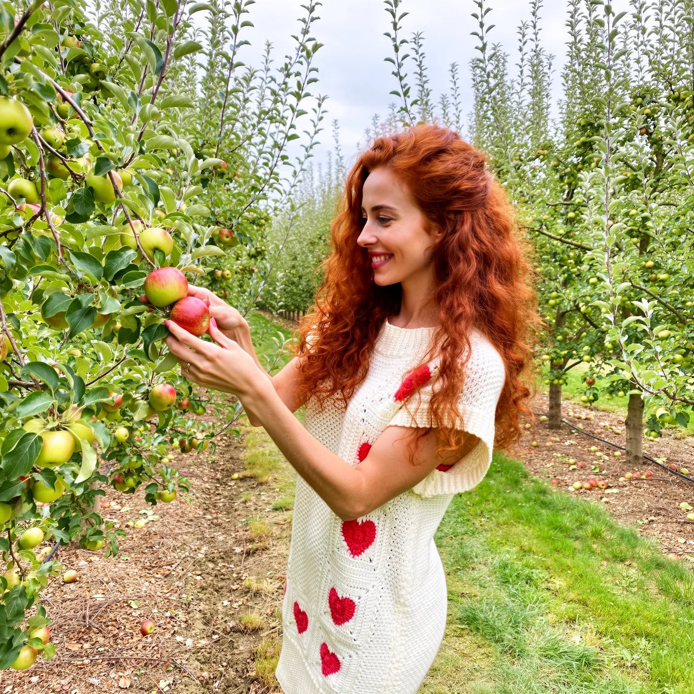 Robe au crochet Dressy de Cachalabibi -vue de face dans un verger de pommiers avec panier de pommes et rangées d'arbres