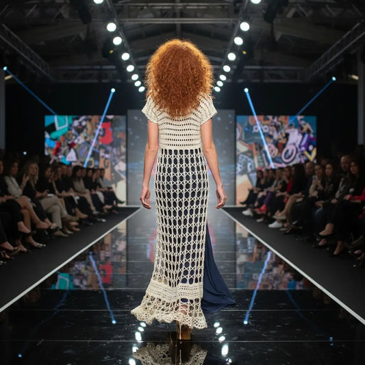Robe au crochet fait main Overdressy de Cachalabibi - écru -  vue de dos sur un podium de défilé de mode avec public écrans géants et applaudissements