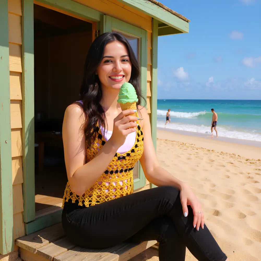 Robe de bain au crochet Cocconoce de Cachalabibi - vue de face avec glace à la menthe devant cabane de plage
