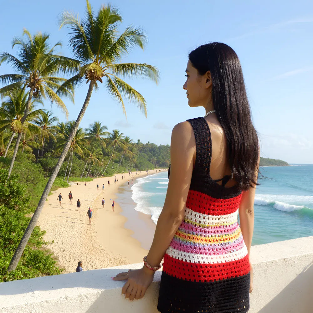 Robe de bain au crochet Mindelo de Cachalabibi - jeune femme de profil depuis un balcon qui domine une plage tropicale
