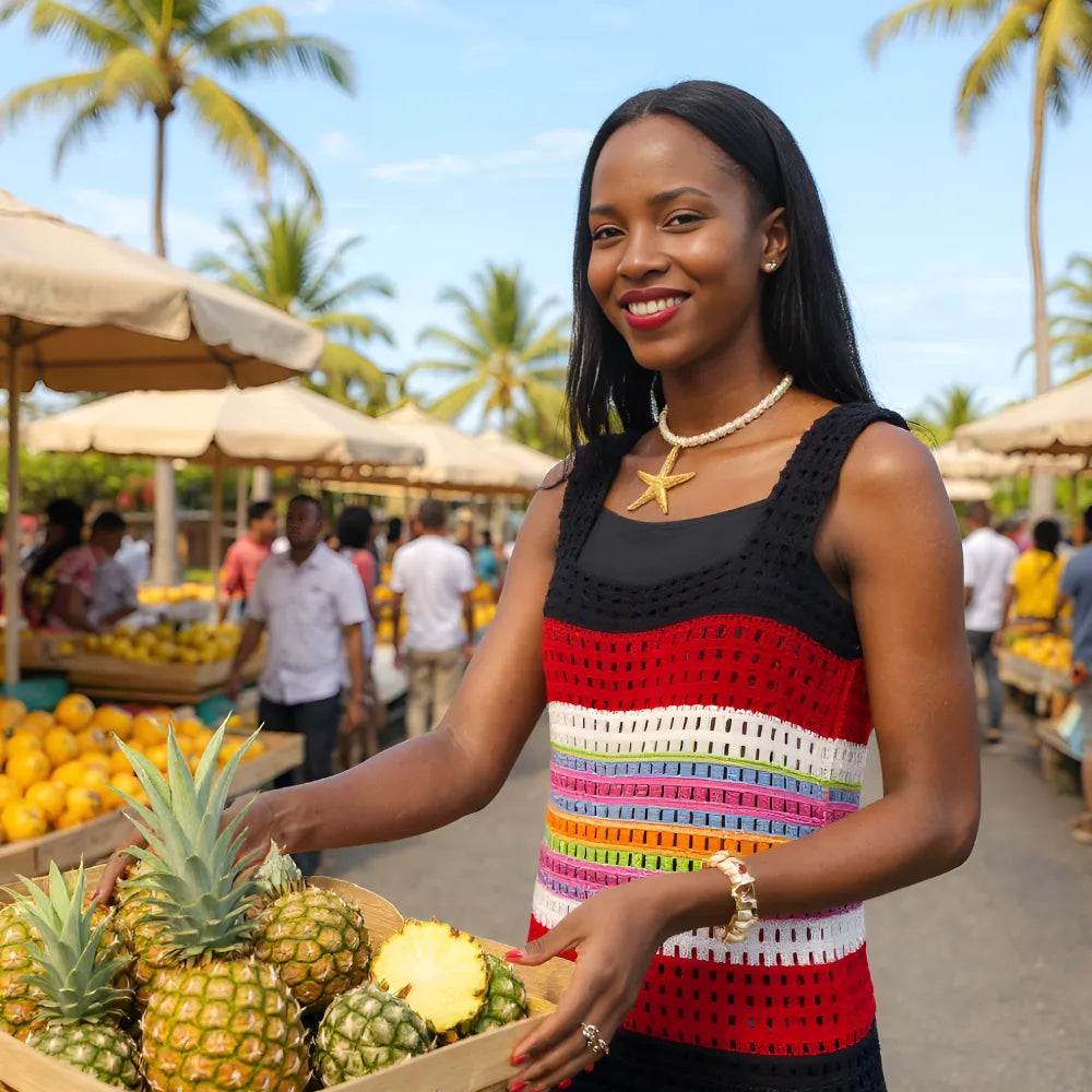 Robe de bain au crochet Mindelo de Cachalabibi - vue de face d'une demoiselle qui choisit un ananas
