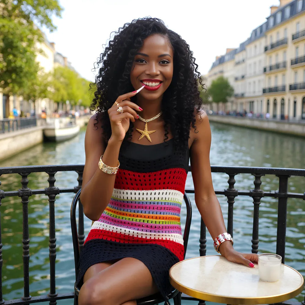 Robe de bain au crochet Mindelo de Cachalabibi  - vue de face en terrasse d'une jeune femme au bord d'un canal