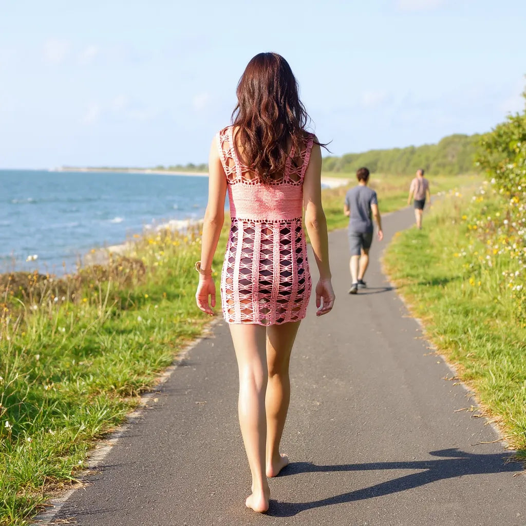 Robe de bain au crochet Oleandro de Cachalabibi - vue de dos d'une femme pieds nus sur un sentier longeant la mer
