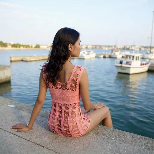 Robe de bain au crochet Oleandro de Cachalabibi - vue de dos assise sur le quai au port de plaisance
