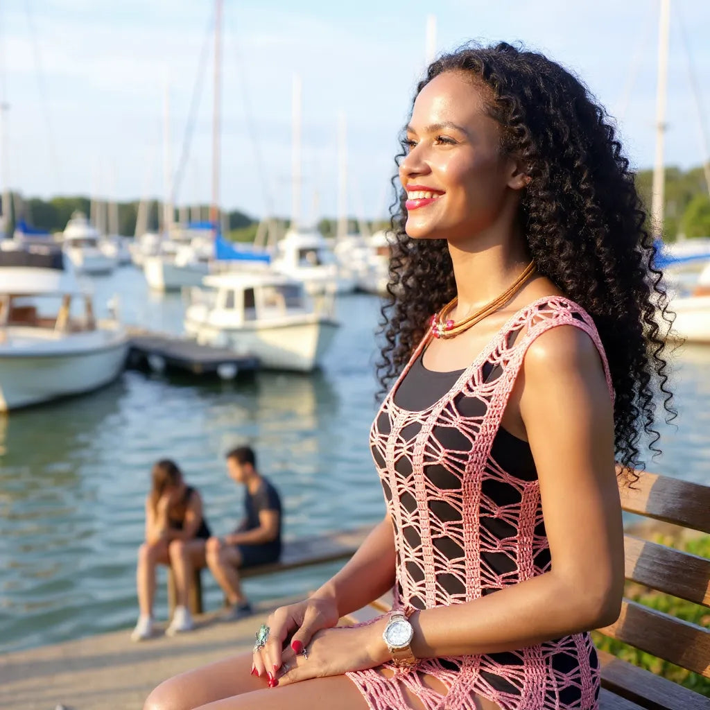Robe de bain au crochet Oleandro de Cachalabibi - jeune femme de profil qui prend le soleil sur un banc