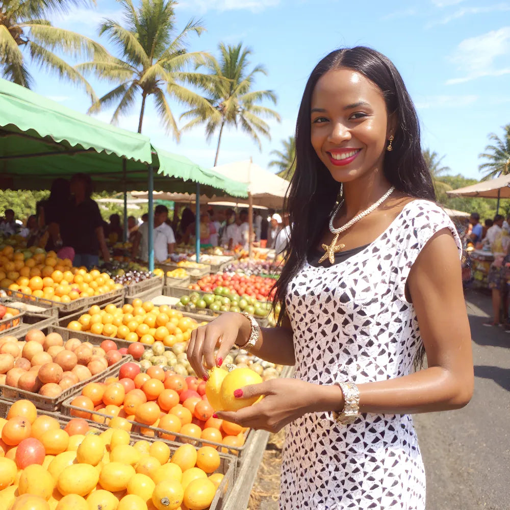 Robe de bain au crochet Oleandro de Cachalabibi - vue de face au marché tropical avec fruits exotiques et palmiers