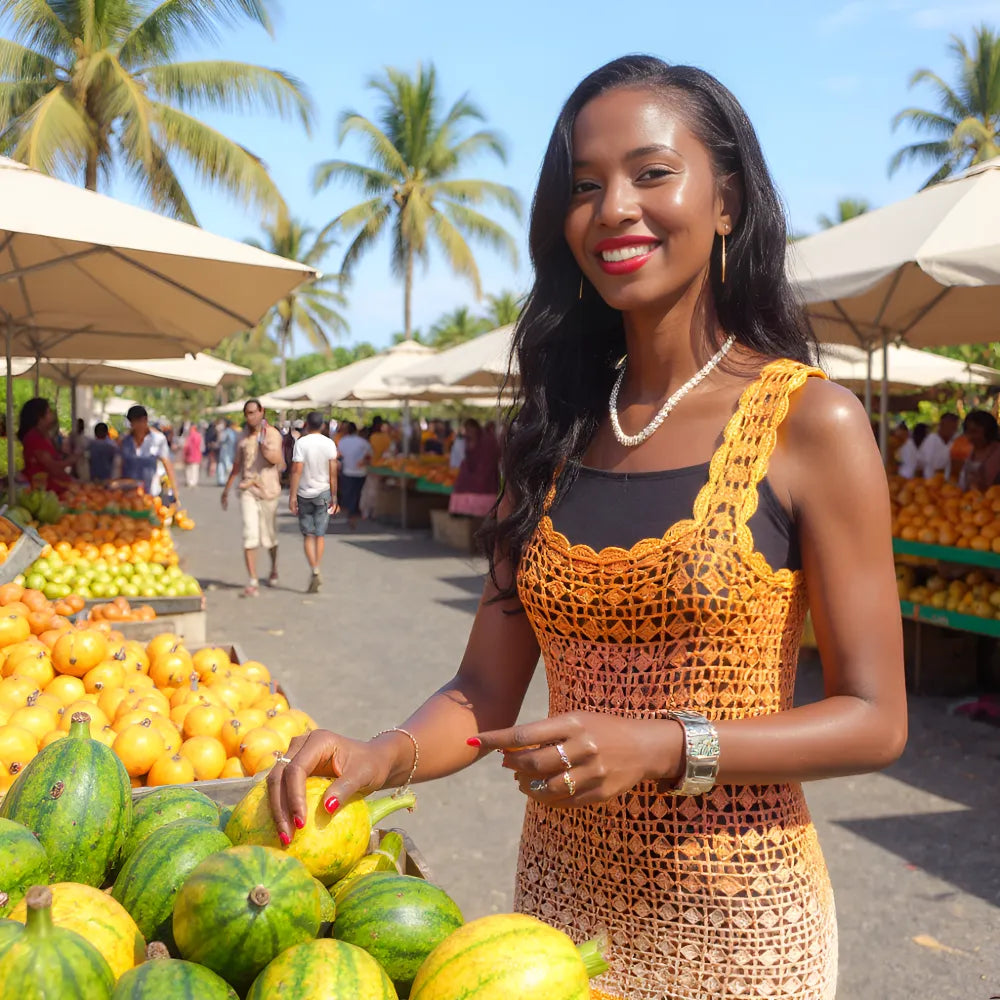 Robe de bain au crochet Papayago de Cachalabibi - vue de face au marché tropical aux papayes