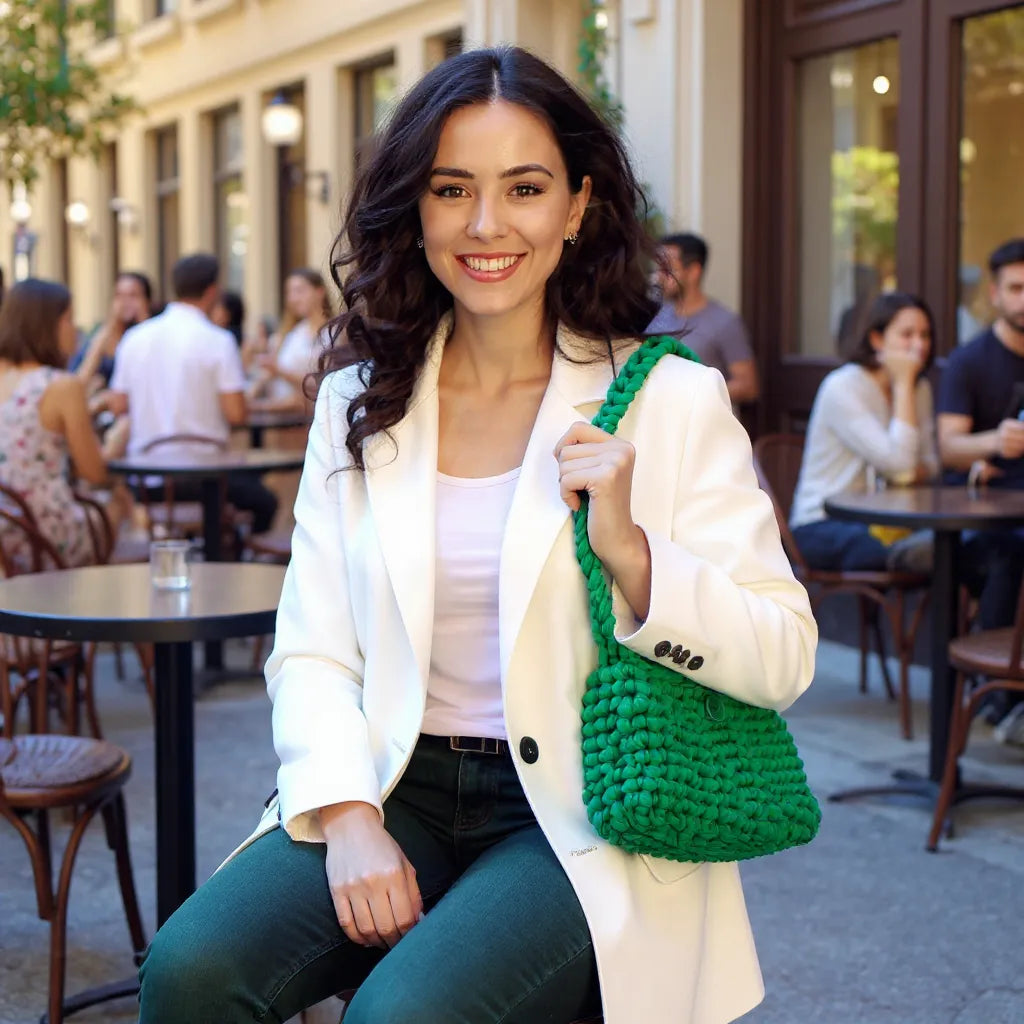 Sac à main Menta vert menthe porté en terrasse par une jeune femme assise en manteau blanc