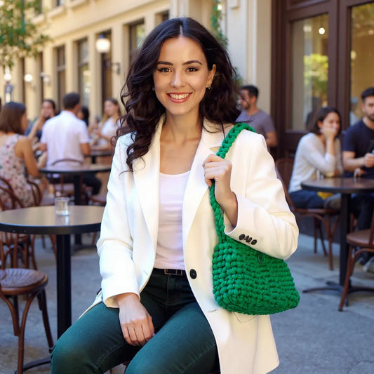 Sac à main Menta vert menthe porté en terrasse par une jeune femme assise en manteau blanc