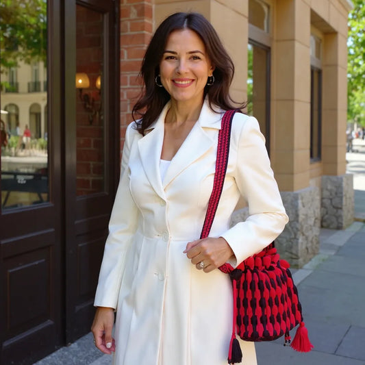 Sac à main Rossonero rouge et noir à rayures verticales en crochet fait main - vue de face d'une femme dans la rue