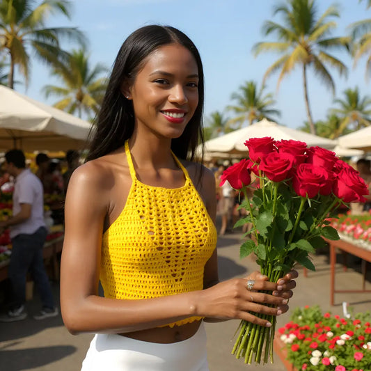 Top dos nu au crochet Giallo de Cachalabibi - détail de l'encolure haute et du col halter sur une femme dans un marché aux fleurs