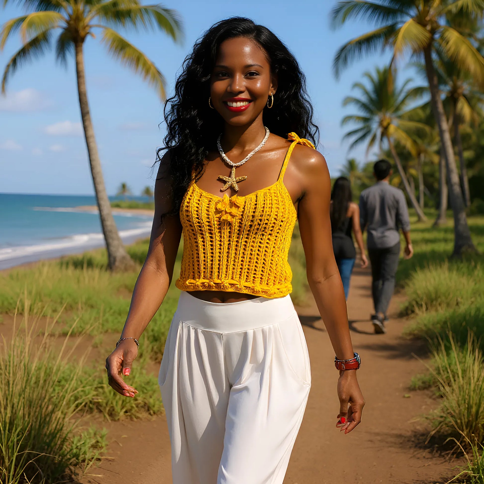 Top au crochet Aldentissimo de Cachalabibi - vue de face sur un sentier longeant la mer
