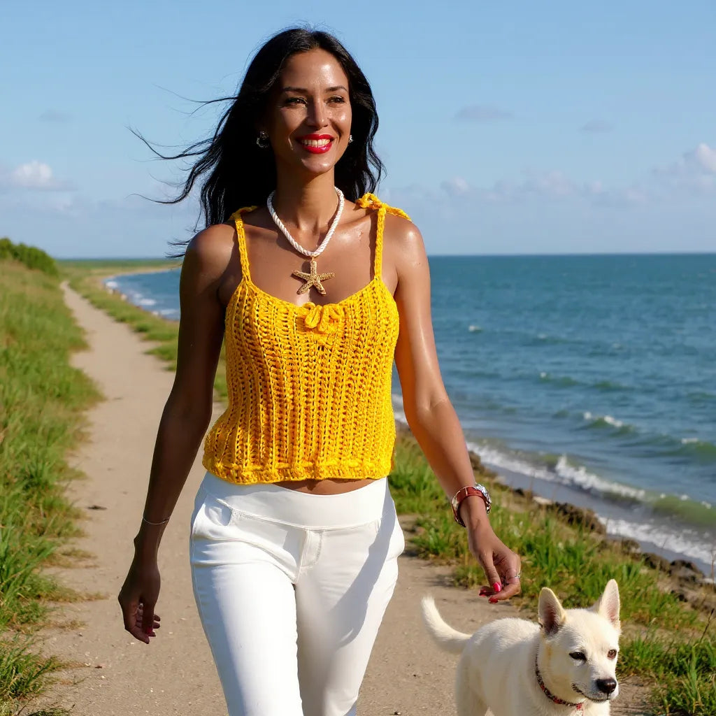 Top au crochet Aldentissimo de Cachalabibi - en promenade au bord de la mer avec un chien sans laisse