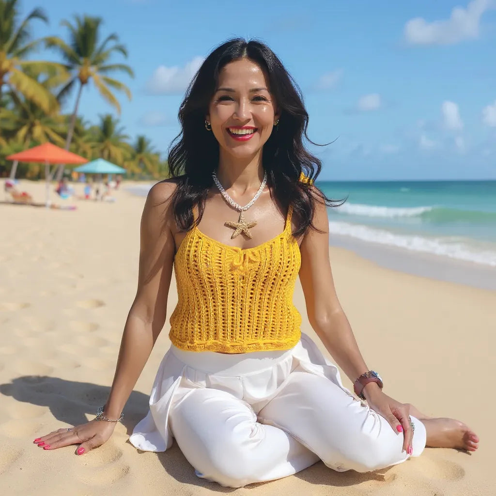 Top au crochet Aldentissimo de Cachalabibi - femme qui sourit assise à la plage en position yoga