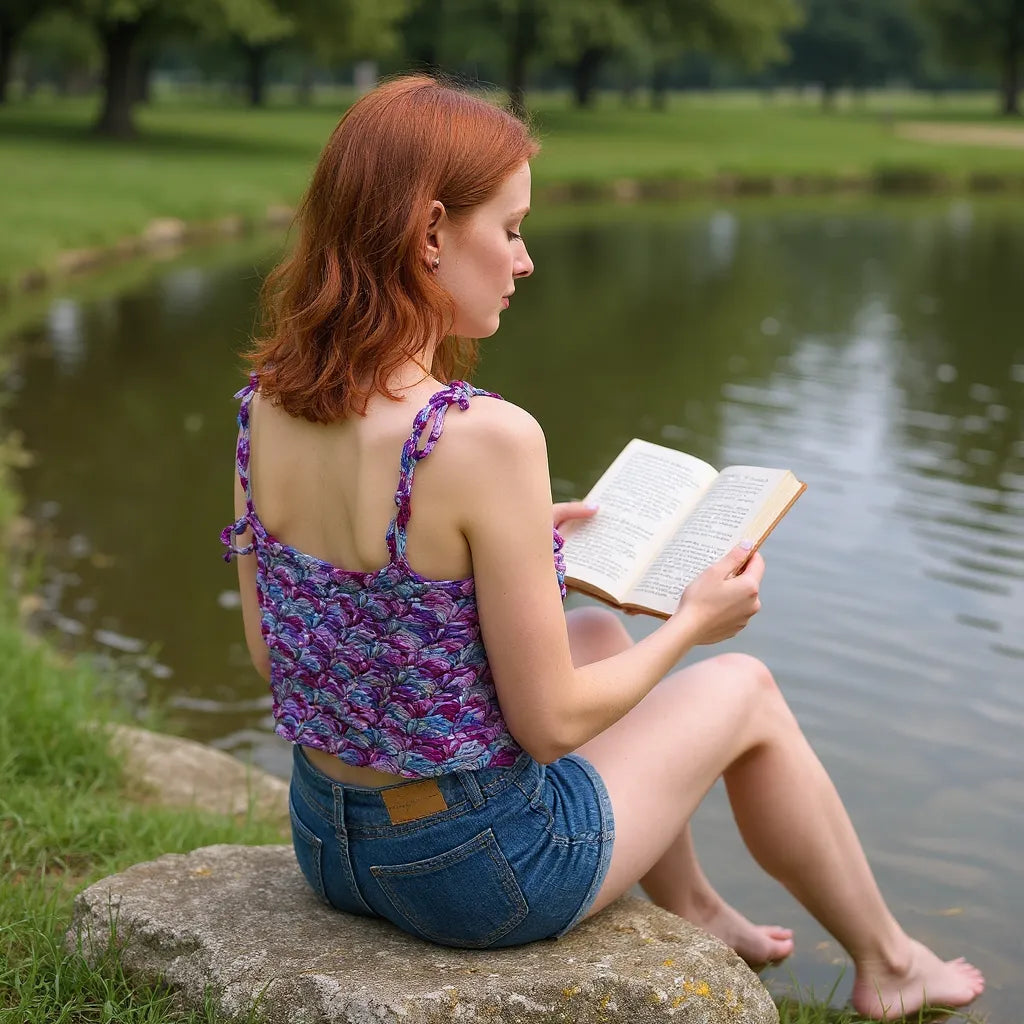 Top au crochet  Belilla de Cachalabibi - vue de dos d'une personne lisant près d'un étang avec ses pieds nus