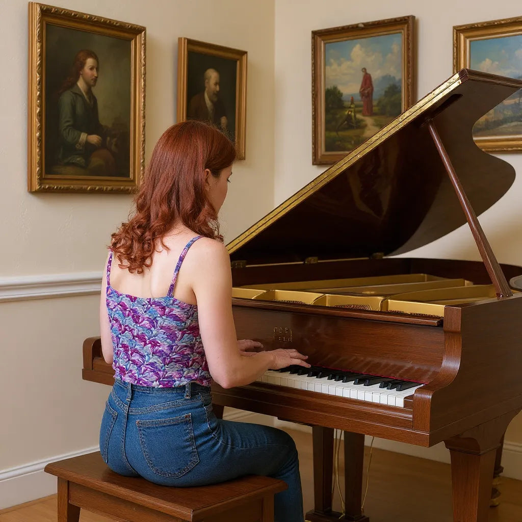 Top au crochet  Belilla de Cachalabibi - vue arrière d'une femme aux cheveux roux qui joue au piano dans un salon