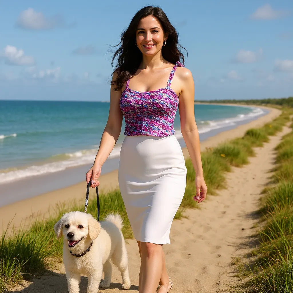 Top au crochet  Belilla de Cachalabibi - vue de face en promenade d'une jeune femme avec son chien à la plage