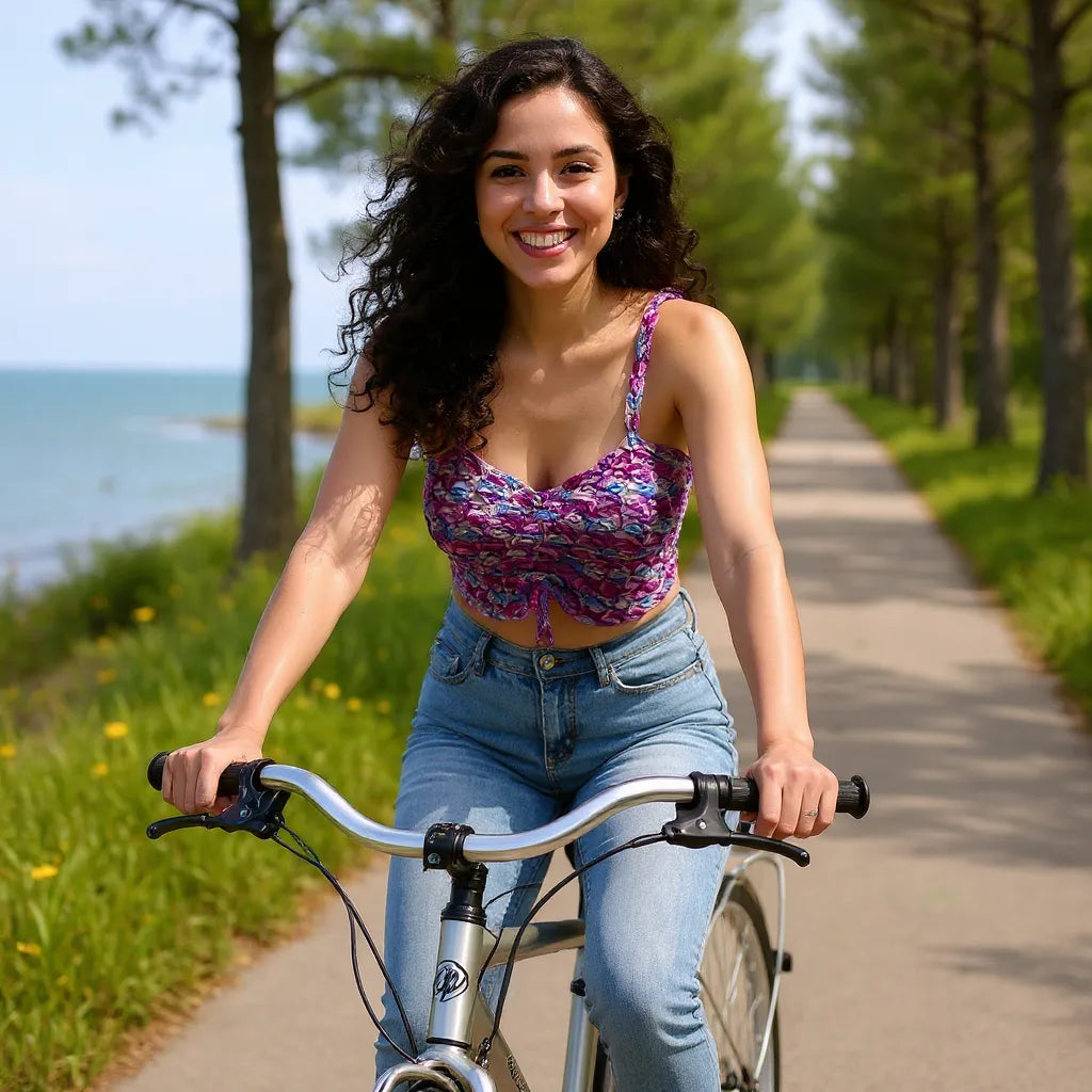 Top au crochet  Belilla de Cachalabibi - vue de face d'une femme faisant du vélo sur un chemin longeant la mer