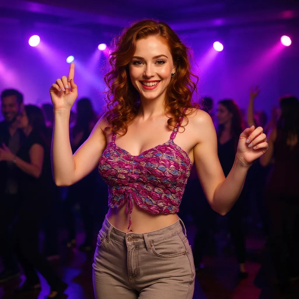 TopTop au crochet  Belilla de Cachalabibi - vue de face d'une femme dansant avec le lien tiré de son top