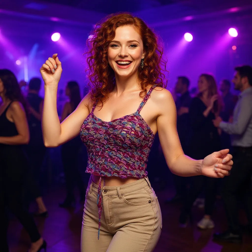 Top au crochet  Belilla de Cachalabibi - vue de face d'une femme dansant avec le lien non tiré de son top