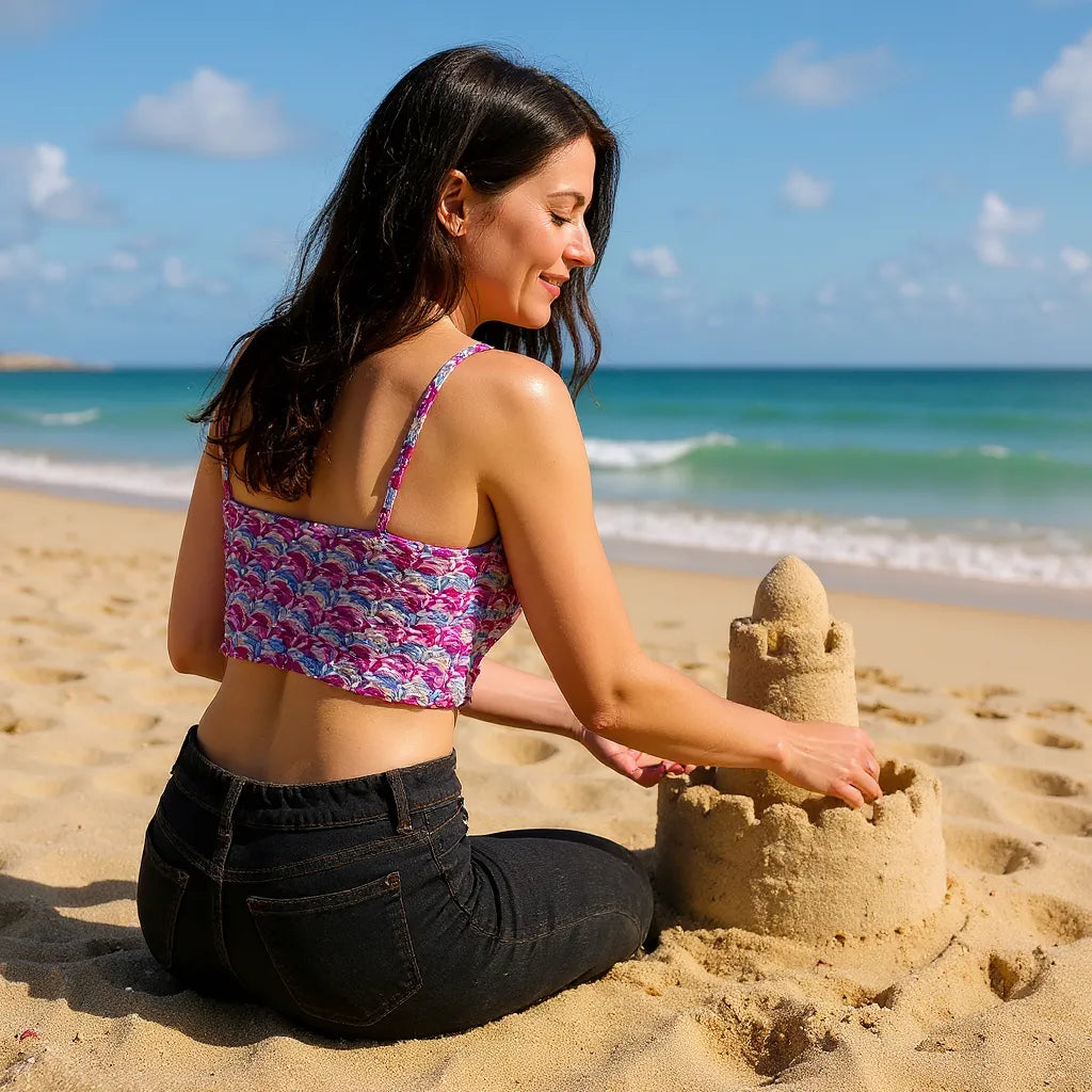 Top au crochet  Belilla de Cachalabibi - vue de l'arrière d'une personne faisant un château de sable