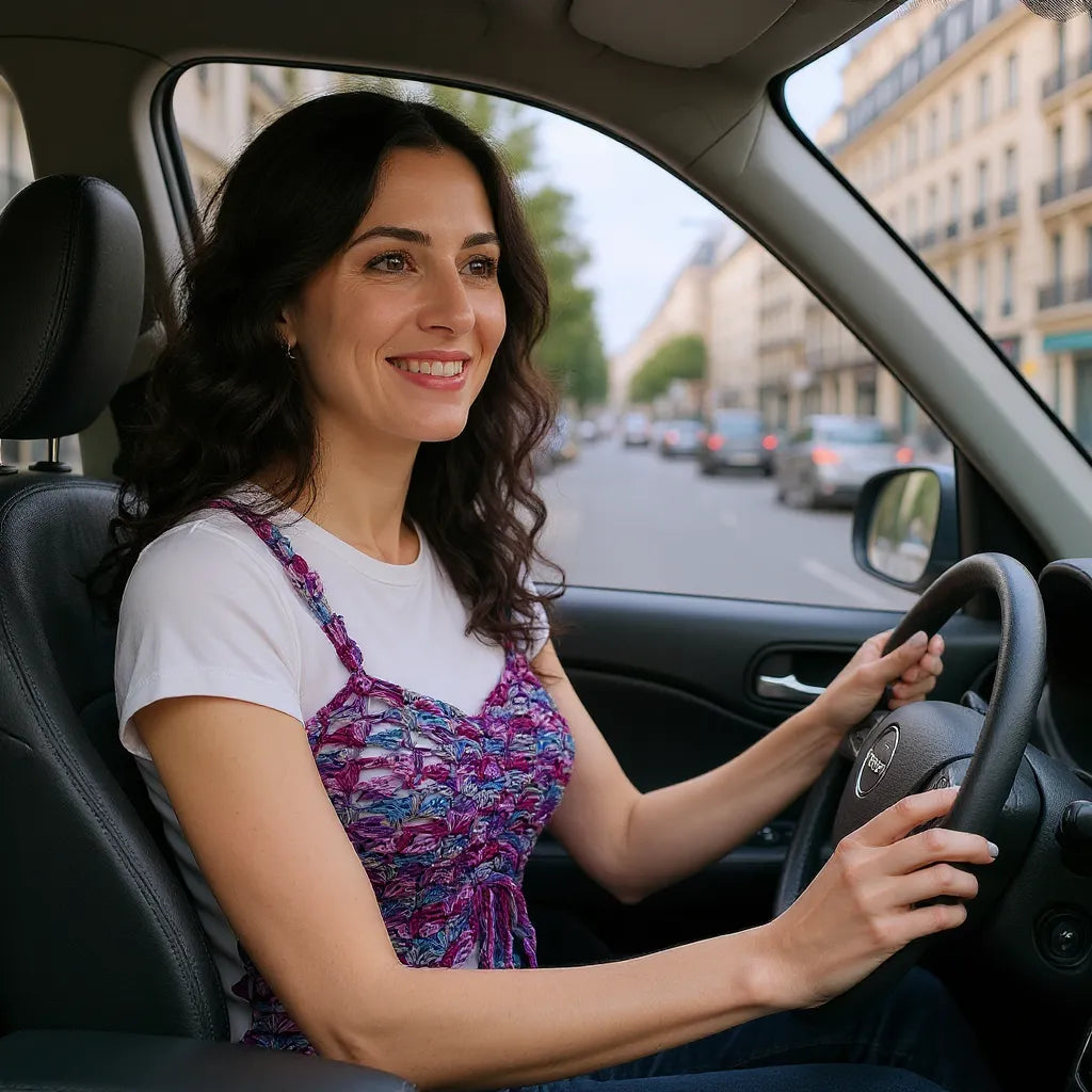 Top au crochet  Belilla de Cachalabibi - vue de côté d'une femme aux cheveux bruns qui conduit sa voiture
