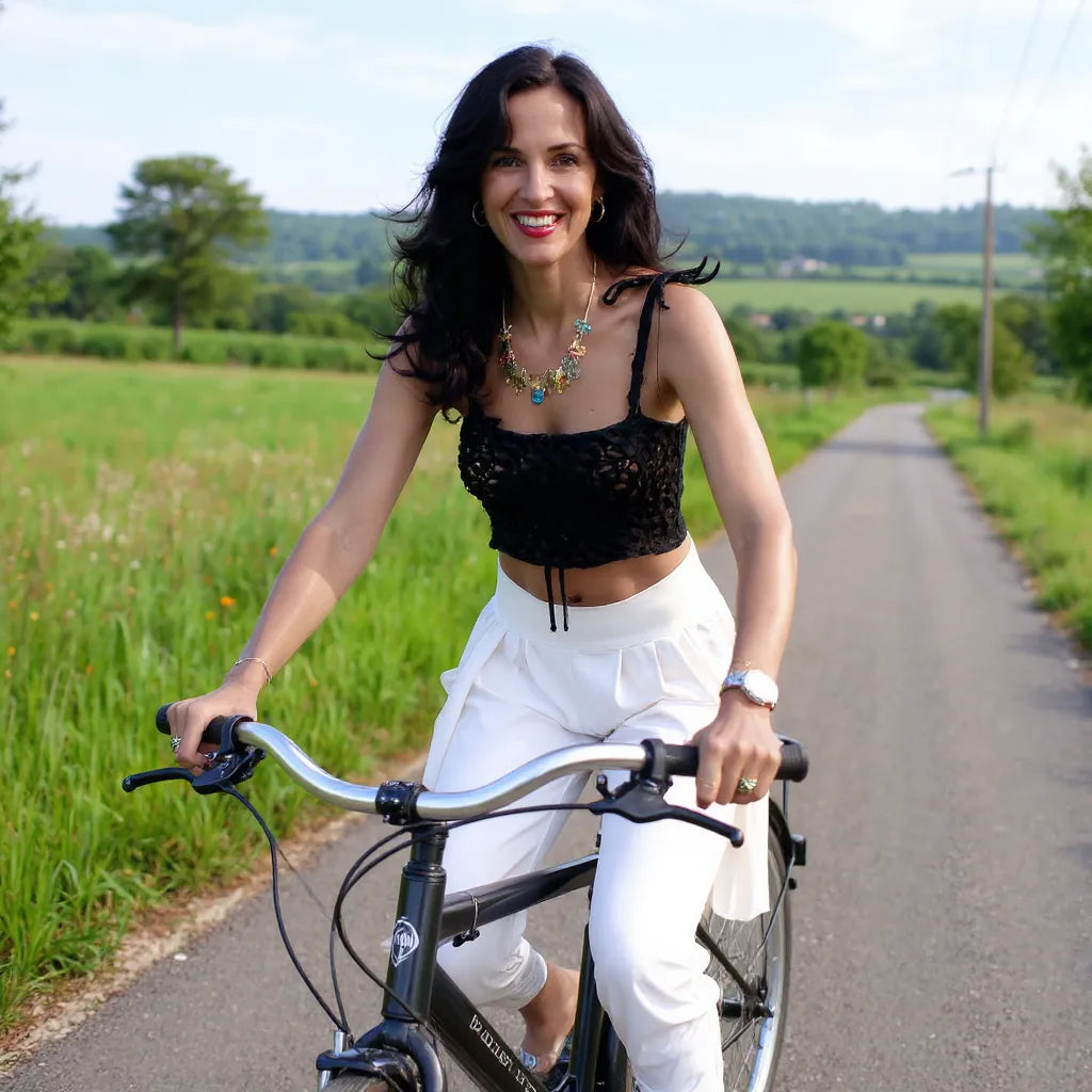 Top au crochet Blackino de Cachalabibi - 
jeune femme en pantalon blanc à vélo sur une petite route de campagne
